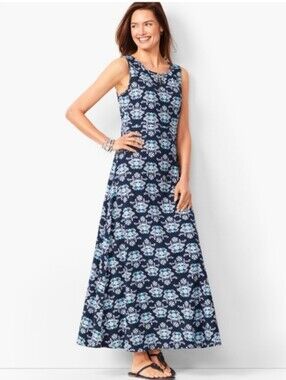 Talbots Sleeveless Navy Blue Floral A-Line Maxi Dress